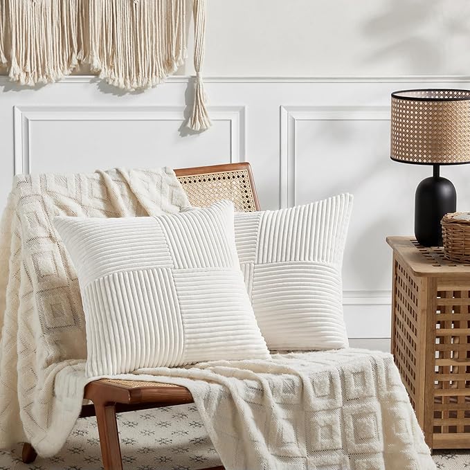 Fancy Homi 2 Packs Cream White Decorative Throw Pillow Covers 18x18 Inch for Living Room Couch Bed Sofa, Farmhouse Boho Home Decor, Soft Corss Corduroy Patchwork Textured Square Cushion Case 45x45 cm
