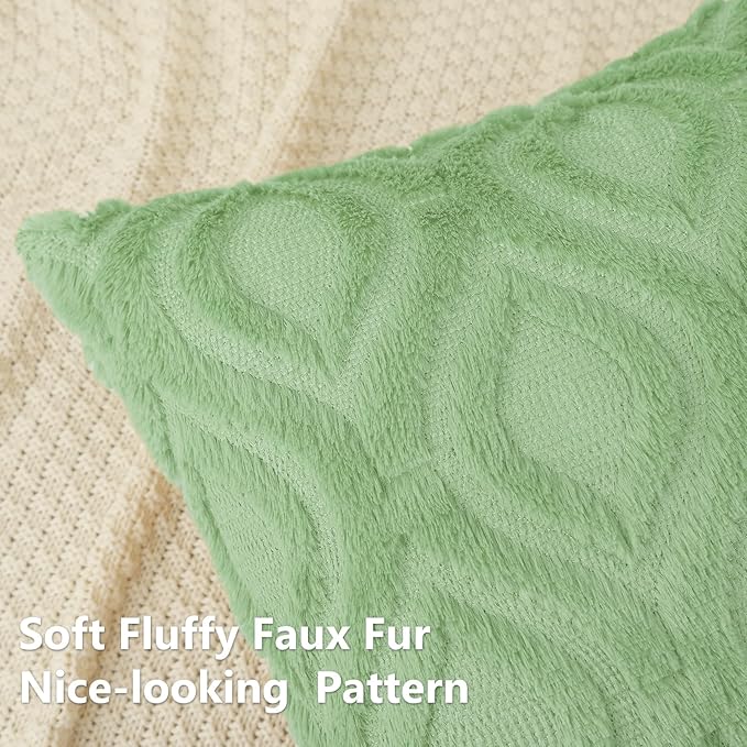 decorUhome Throw Pillow Covers 16x16 Inch Set of 2, Soft Plush Decorative Faux Fur Sage Green Solid Couch Pillow Covers, Accent Farmhouse Neutral Square Euro Pillow Cases for Sofa Bed Living Room