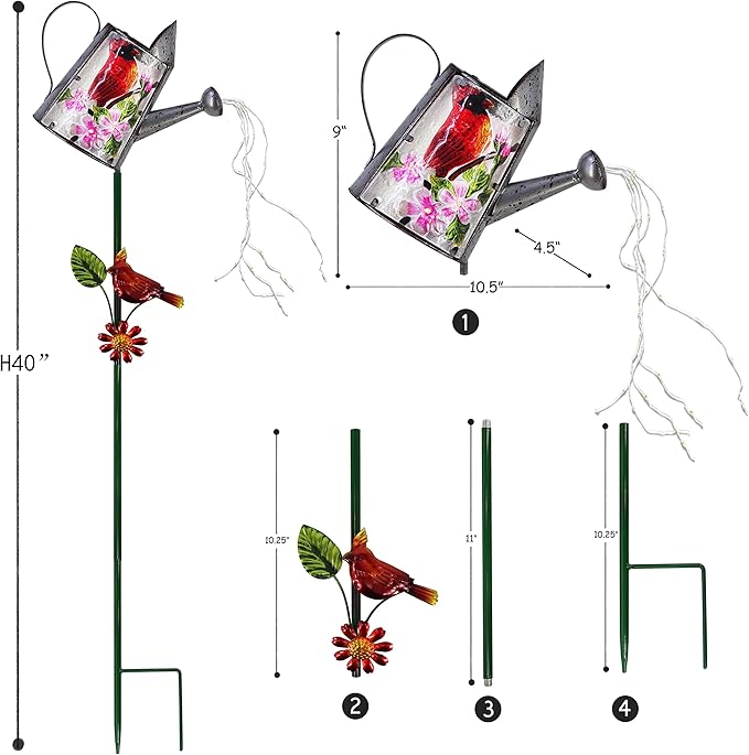 Garden Solar Lights Outdoor, Metal Watering Can Garden Stake Lights Cardinal Bird Decor Glass Art for Walkway, Pathway, Yard, Lawn