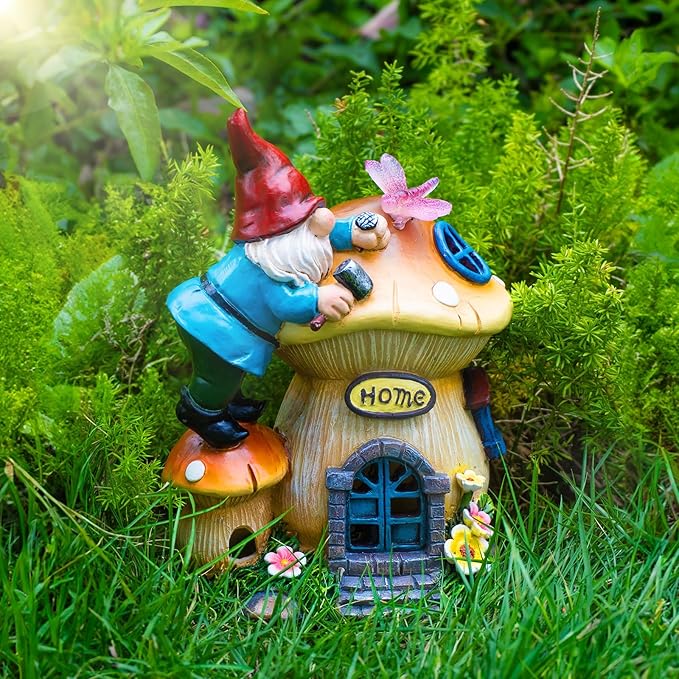 Garden Gnome Statues Figurine Lights - Solar Powered Lighting Outdoor Decorations, Gnome Build Mushroom Fairy House, Yard Art Lawn Ornaments for Porch Patio Balcony - Gnome Gifts for Women Mom