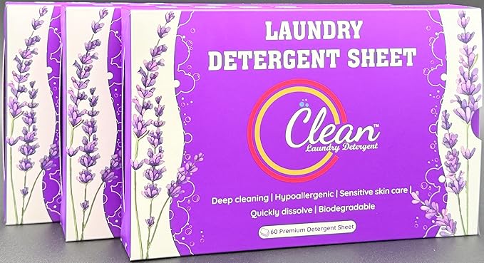 Clean Laundry Detergent™ – Hypoallergenic, Eco-Friendly, Plant-Based, Biodegradable, 100% Natural – Gentle on Skin & Fabrics, Lavender Scent, 60 Premium Laundry Detergent Sheet (Lavender)