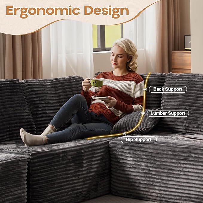 Cloud Sectional Couches for Living Room,U Shaped Modular Sofas No Assembly,133x68 Inches Plush Corduroy Oversized Floor Couch Set with Deep Seat Chaise,Grey