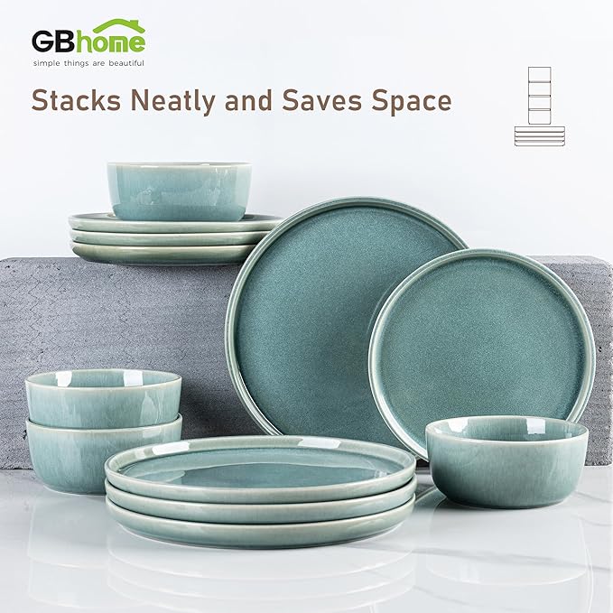 GBHOME Ceramic Dinnerware Sets for 4, 12 Pieces Stoneware Plates and Bowls Sets, Scratch Resistant Dishes, Dishwasher & Microwave Safe, Reactive Glaze-Malachite Green