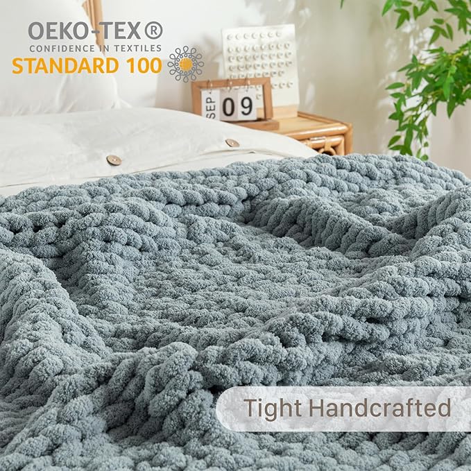 Chunky Knit Blanket Throw, 100% Hand Knit Throw Blanket Handmade Chenille Cable Knit Throw for Couch, Stylish Cozy Soft Rope Knot Crochet Blanket for Home Decor, Chambray Blue, 50x60 Inches