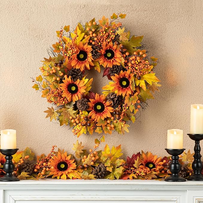 Glitzhome 24'' Fall Wreath for Front Door Decor, Artificial Autumn Orange Wreath with Sunflower, Maple Leaf and Berry Ornament for Wall Fireplace Farmhouse Thanksgiving Day Harvest Festival Decor