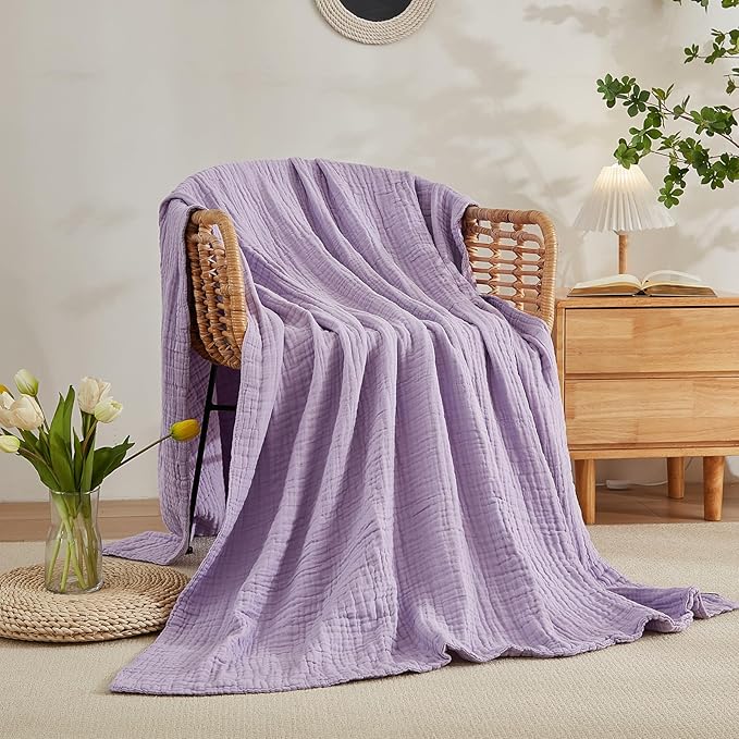 EMME Cotton Throw Blanket for Couch Soft Airy Muslin Bed Blankets Lightweight Breathable Blanket All Season Gauze Blanket, Lavender