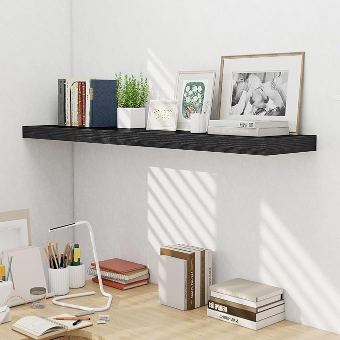 Fun Memories 55 Inch Fireplace Mentel Shelf, 10 Inch Deep Shelves for Display & Wall Storage, Rustic Wood Wall Shelf, Extra Long Floating Shelves for Living Room Laundry Room, Black, Set of 1