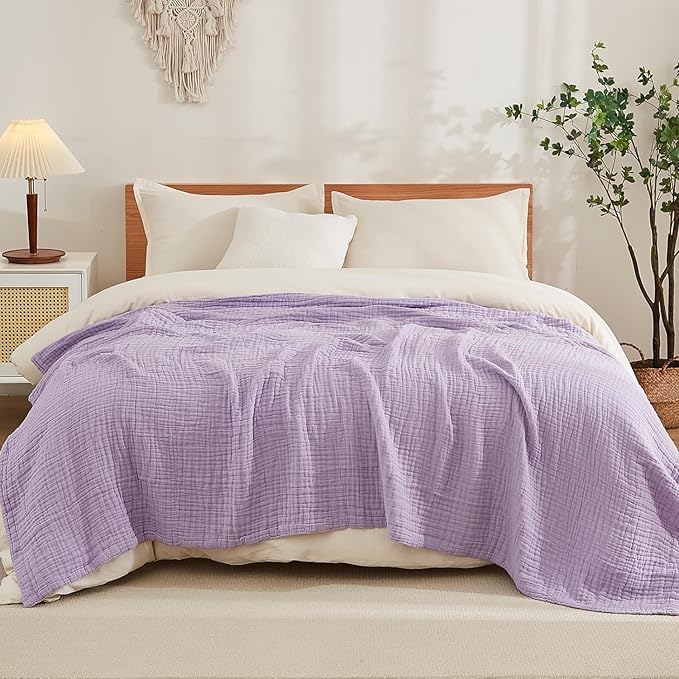 EMME Cotton Throw Blanket for Couch Soft Muslin Blankets 50"x60" Lightweight Breathable Blanket All Season Gauze Blanket, Lavender