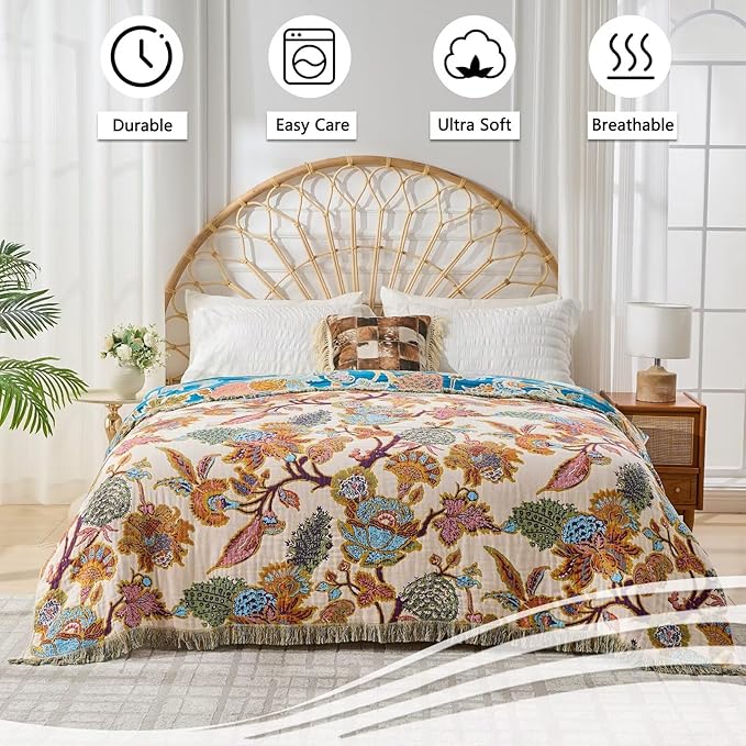 100% Muslin Throw Blanket for Couch, Butterfly and Floral Double Embroidery Fall Throw Blanket 60"x80" for Sofa, Chair, Woven Cotton Reversible Mexican Blanket