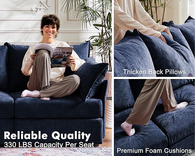 102.6" Modular Sectional Sofa, L Shaped Couch Set for Living Room, 3-Seater Comfy Cloud Couches with Movable Storage Ottoman,DIY Combination - Chenille Blue