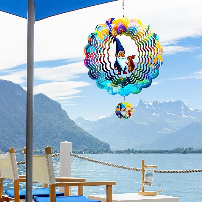 Gnomes Hanging Wind Spinners,12 Inch 3D Garden Spinner Kinetic Art Garden Decorations，Stainless Steel Reflective Wind Spinners for Yard