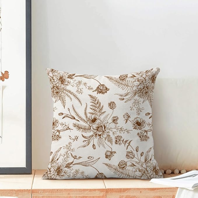CXMEIFLY Spring Floral Leaves Pillow Covers 16 x 16 Inch Set of 2 for Chinoiserie Flowers Decor Throw Pillows Brown and White Seasonal Plant Outdoor Decorative Cushion Cases for Couch Bed Decorations