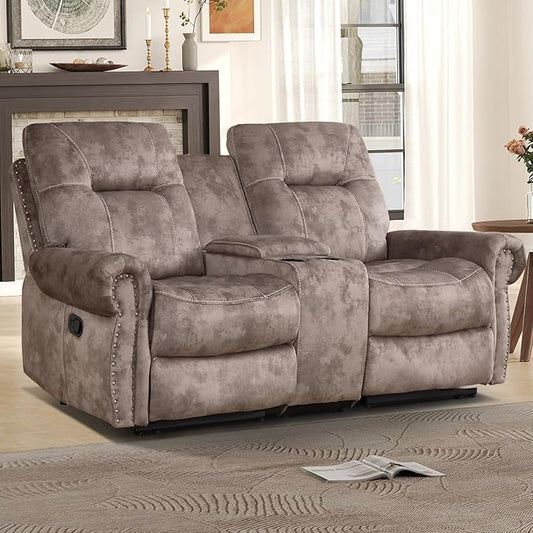 EBELLO Manual Recliner Loveseat Sofa, 2 Seater Reclining Couch Chair with Center Console, Hidden Storage and Cup Holders, Vintage Rivet Mid-Century Design for Living Room, Meeting Room, Brown