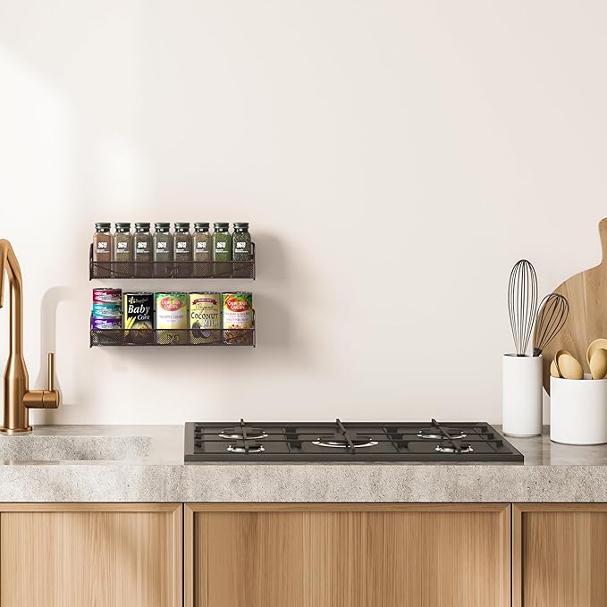 Deco Brothers Wall Mounted Single Tier Mesh Hanging Spice Rack, Set of 2, Bronze