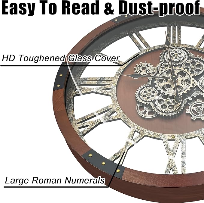 DORBOKER 24" Original Moving Gears Wall Clock, Large Industrial Wall Clock for Living Room Decor,Oversized Wood Vintage Farmhouse Steampunk Rustic Clocks for Wall Decor,Black Walnut