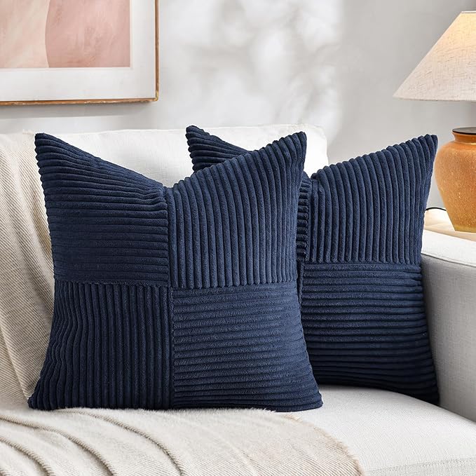 Fancy Homi 2 Packs Navy Blue Samll Decorative Throw Pillow Covers 12x12 Inch with for Couch Bed Sofa, Rustic Farmhouse Boho Home Decor, Soft Corss Patchwork Corduroy Square Cushion Case 30x30 cm
