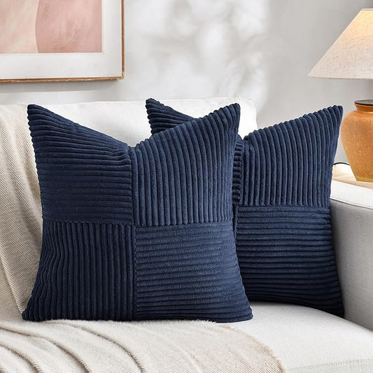 Fancy Homi 2 Packs Navy Blue Decorative Throw Pillow Covers 18x18 Inch for Living Room Couch Bed, Rustic Farmhouse Boho Home Decor, Soft Corss Corduroy Patchwork Textured Square Cushion Case 45x45 cm