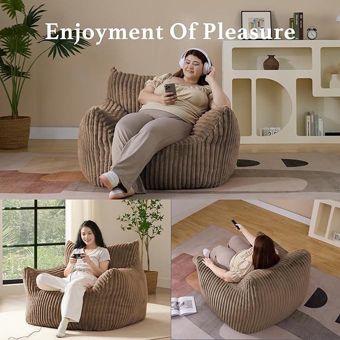 Giant Plush Bean Bag Chair for Adults with Armrests - Oversized Comfy Khaki Beanbag Lounge Lazy Floor Sofa Chair for Living Room, Bedroom & Dorm, Cozy Fluffy Single Cloud Mini Couch