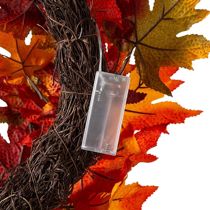 Glitzhome 24 Inch Pre-lit Fall Wreath, Autumn Wreath for Front Door, Lighted Maple Leaves Wreaths with Timer for Thanksgiving Halloween Christmas Wall Front Porch Home Decoration