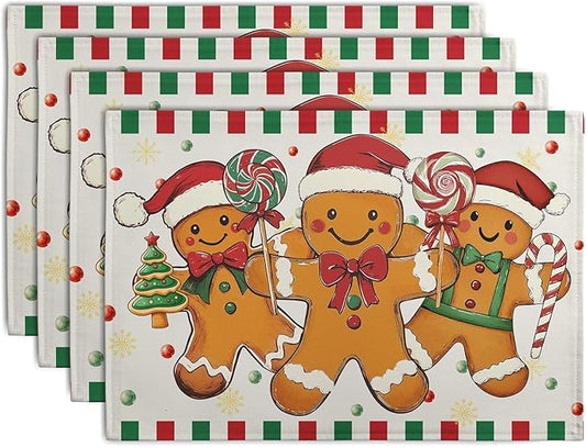 Gingerbread Man Christmas Placemats Set of 4 Candy Cane Xmas Seasonal Holiday Linen Table Mats Red Green Orange Winter Washable Place Mats for Party Kitchen Dining Outdoor Indoor Decor