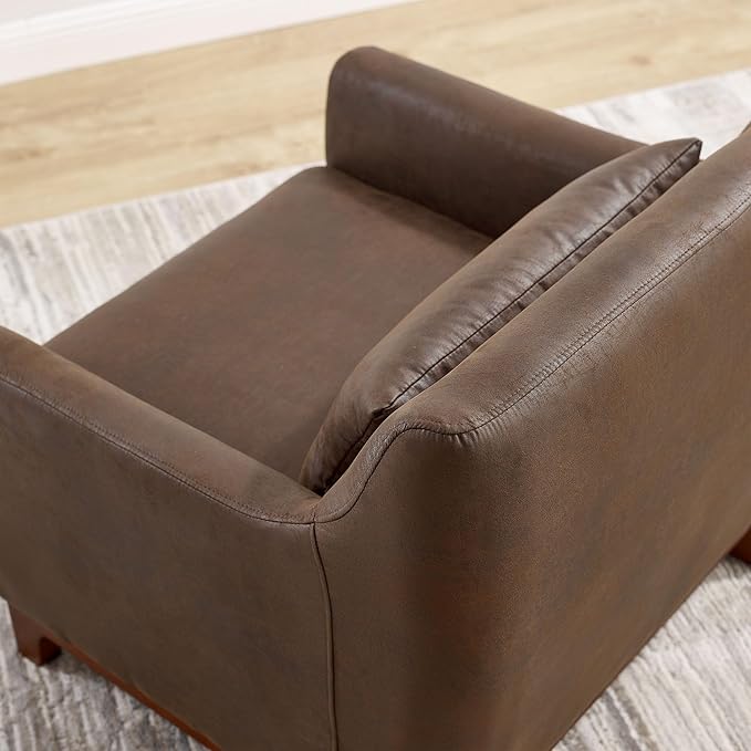 Extra Deep Accent Chair, Comfy Fabric Armchair with Wood Base, Upholstered Single Sofa Chair for Living Room & Bedroom, Faux Leather Dark Brown