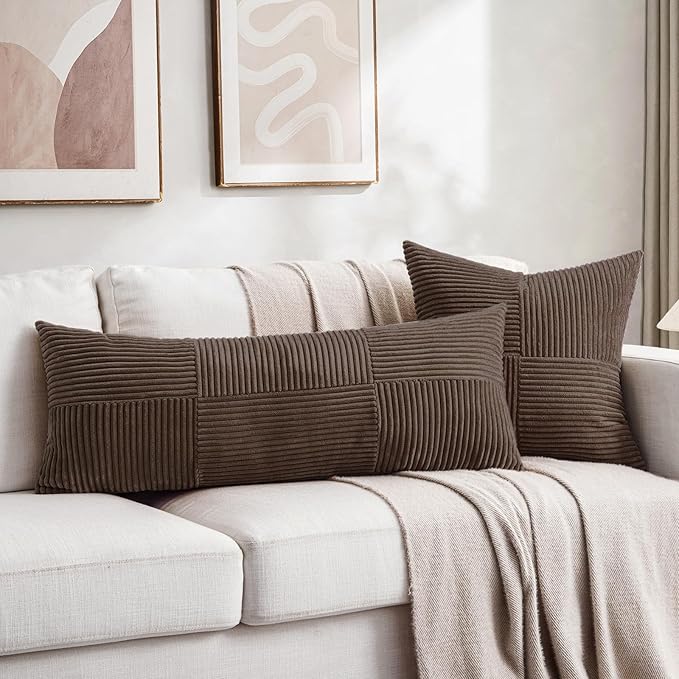 Fancy Homi 2 Packs Dark Brown Decorative Throw Pillow Covers 16x16 Inch for Living Room Couch Bed Sofa, Rustic Farmhouse Boho Home Decor, Soft Corss Patchwork Corduroy Textured Cushion Case 40x40 cm