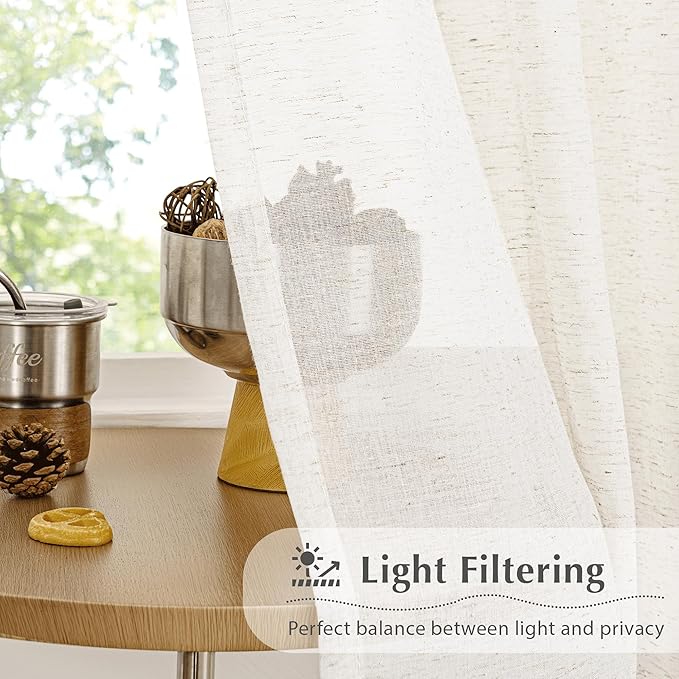 FMFUNCTEX Linen Sheer Pinch Pleated Curtains for Bedroom, Linen Flax Beige 72 Inches Long Sheer Curtain See Through Panels for Living Room, Natural Window Drapes for Farmhouse, Rod Pocket 2 Panels