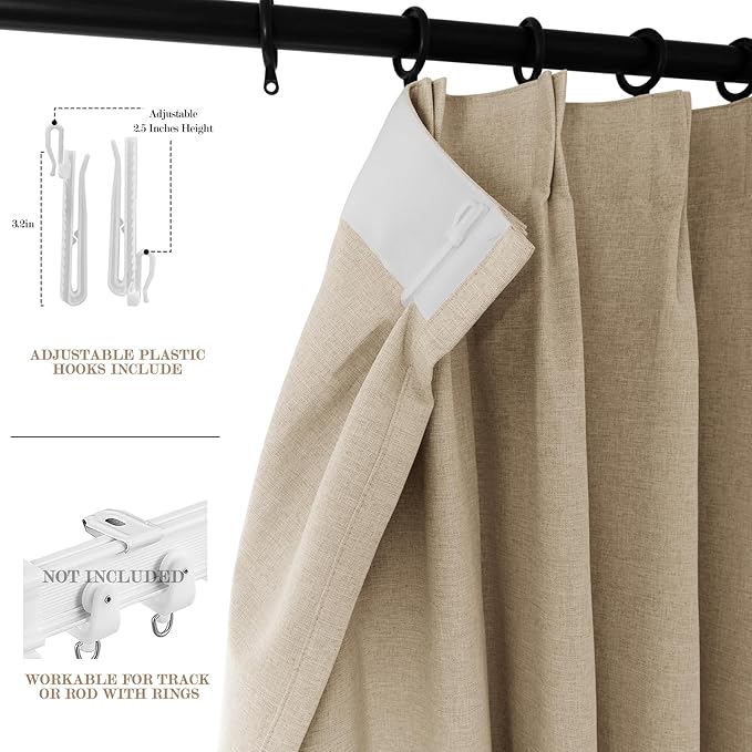Full Blackout Privacy Curtains, 240 Inch Extra Wide Linen Blend Drapes, Pinch Pleat Window Drapery for Room Divider Storage/Space Room Separation, 1 Panel, W 240" x L 108", Sand Beige