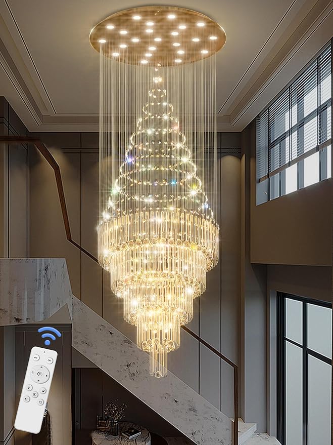 Flashing God D40''X H110'' High Ceiling Big Chandelier Crystal Raindrop Gold Chandeliers Staircase Large Chandelier Entrance Foyer High Ceiling Lighting Include 15 LED Bulbs Dimmable 2700K-4500K-6000K