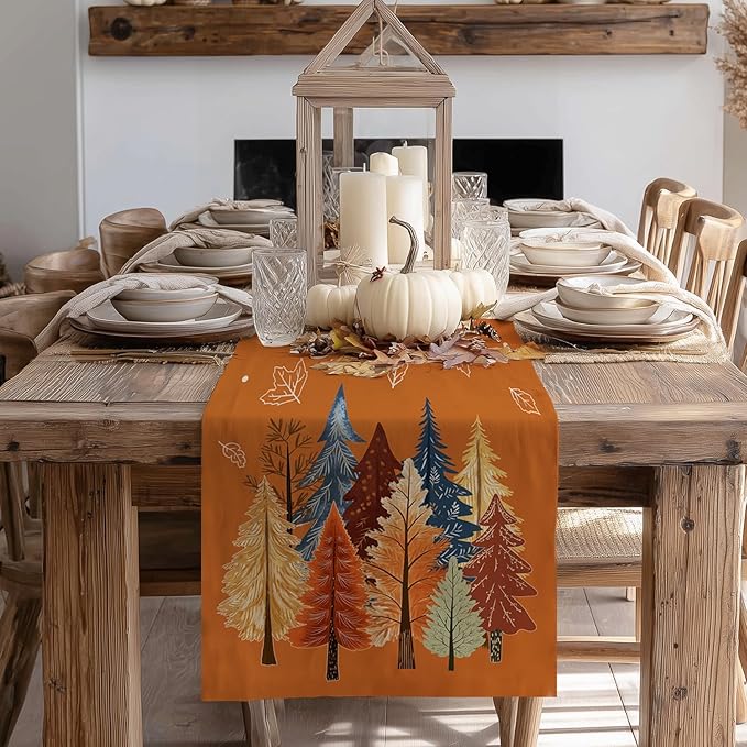 GEEORY Fall Watercolor Trees & Maple Leaves Table Runner 13x108 Inch, Rustic Farmhouse Autumn Thanksgiving Decor for Kitchen, Dining, Indoor/Outdoor Holiday Dinner Party Orange GT158-108