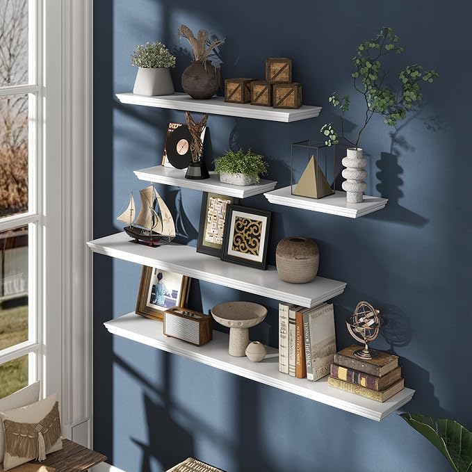 Floating Shelves for Wall, 48 Inch Long Wall Mounted White Hanging Shelf for Kitchen, Living Room, Office, Bedroom, Bathroom, Retro Vintage Wood Bookshelf for House Decor