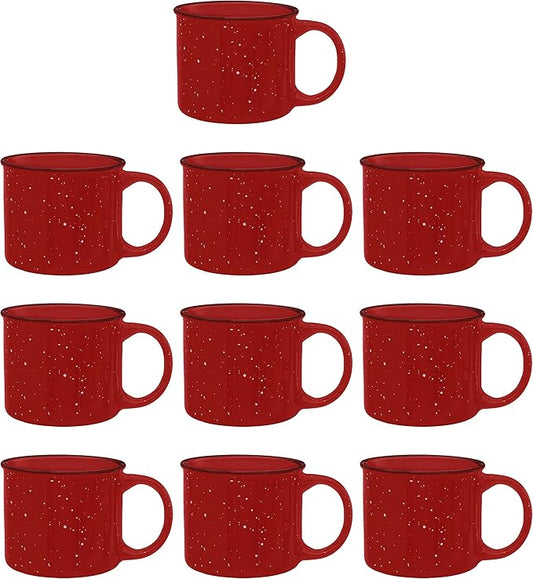 DISCOUNT PROMOS Ceramic Campfire Coffee Mugs 13 oz. Set of 10, Bulk Pack - Perfect for Tea, Espresso, Cappuccino, Hot Cocoa - Red
