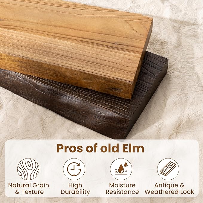 Fun Memories 48" Floating Shelves for Wall, Live Edge Solid Elm Wood Floating Shelf with Invisible Bracket, Wall Mounted Display Wooden Shelves for Bathroom, Kitchen, Bedroom, Natural Color, Set of 1