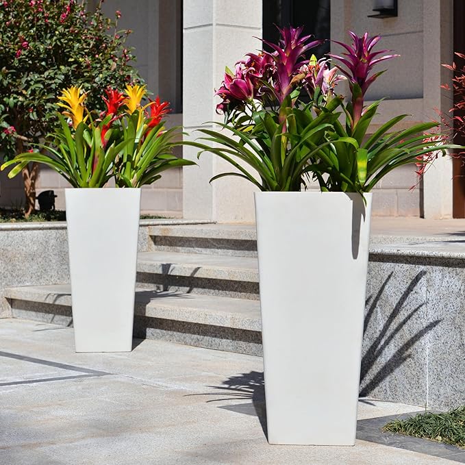 GreenShip 27" Tall Planters, Set of 2 – Black Outdoor Planter for Front Porch & Tall Plants, Weather-Resistant, with Drainage Hole & Rubber Plug (No Plants Included) (White-2pcs)