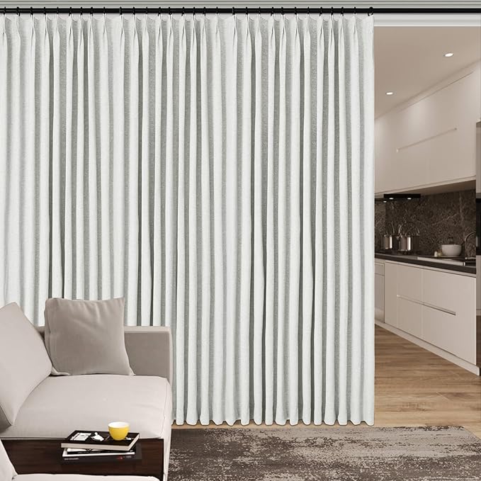 Extra Wide 100% Blackout Linen Textured Curtains - Room Dividers, W150 x L108 (1 Panel), Pinch Pleat Drapes for Living Room, Full Light Block Out Drapery for Sliding Door, Greyish White