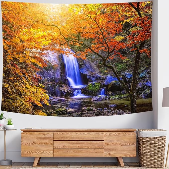 Delur Waterfall Tapestry Forest Nature Scenic Tree Mountain Sunset Tapestry Wall Hanging Natural Landscape Sunrise Headboard for Bedroom Living Room Home Decor (59.1" x 78.7")