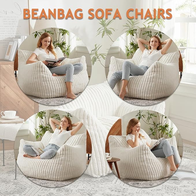 Giant Bean Bag Chairs for Adults with Filling Plush Fluffy Bean Bag Chairs for Teens with Armrests Comfy BeanBag Lazy Couch Sofa Chair for Bedroom Living Room Reading