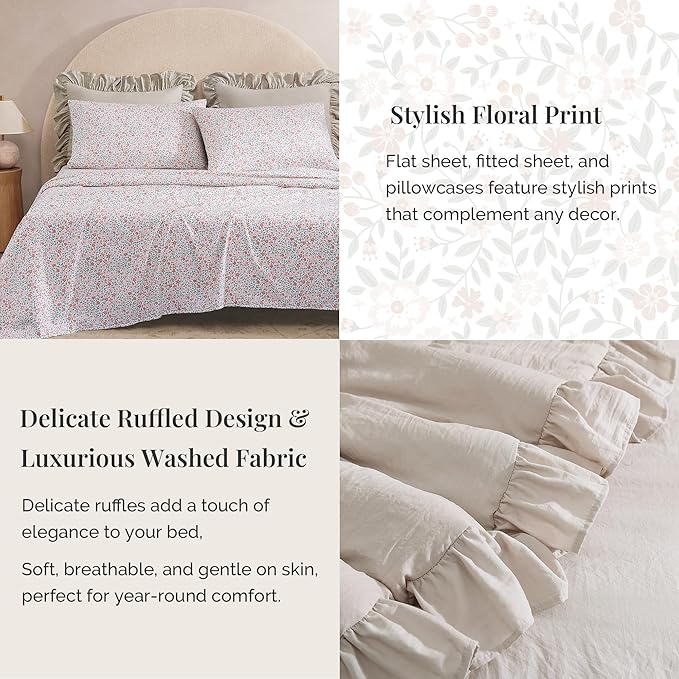 Full Comforter Set - 7 Pieces Ruffle Beige Bedding Sets, Shabby Chic Farmhouse Bed in a Bag Full with Ruffle Comforter, Floral Sheets, Pillowcases & Shams