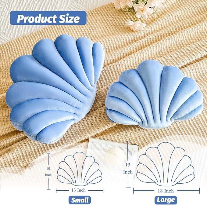 Dusty Blue Seashell Throw Pillows, Shell Shaped Throw Pillows, 13 Inch Soft Velvet Home Decorative Pillow Plush Cushion for Bed Couch Living Sofa Room Decor Accent Throw Pillow