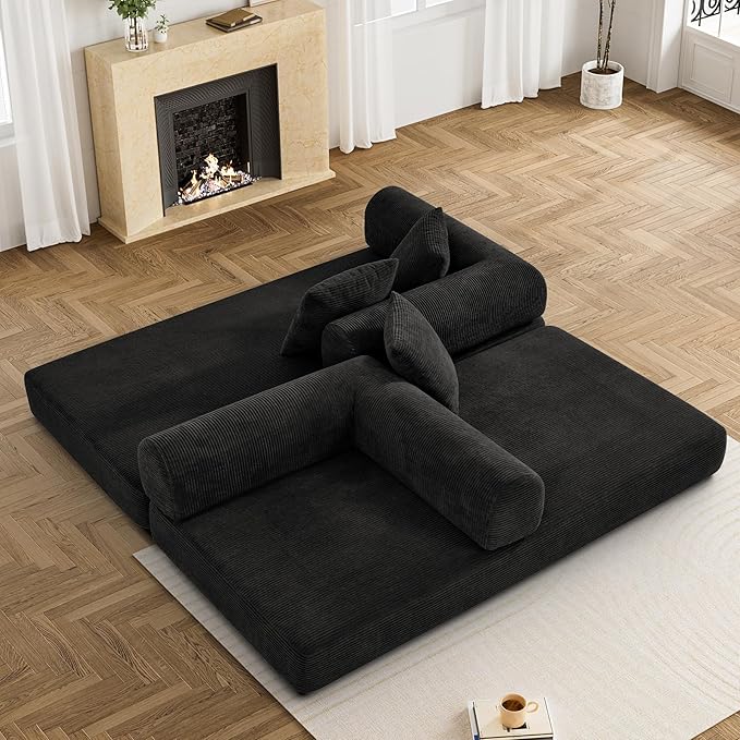 Convertible Sleeper Sofa Bed with Pillow, 4-in-1 Corduroy Folding Mattress Couch with Fixed-Shape Frame, Futon Fold Out Floor Sofa Cama Lounge Couch for Living Room Bedroom Studio, Black