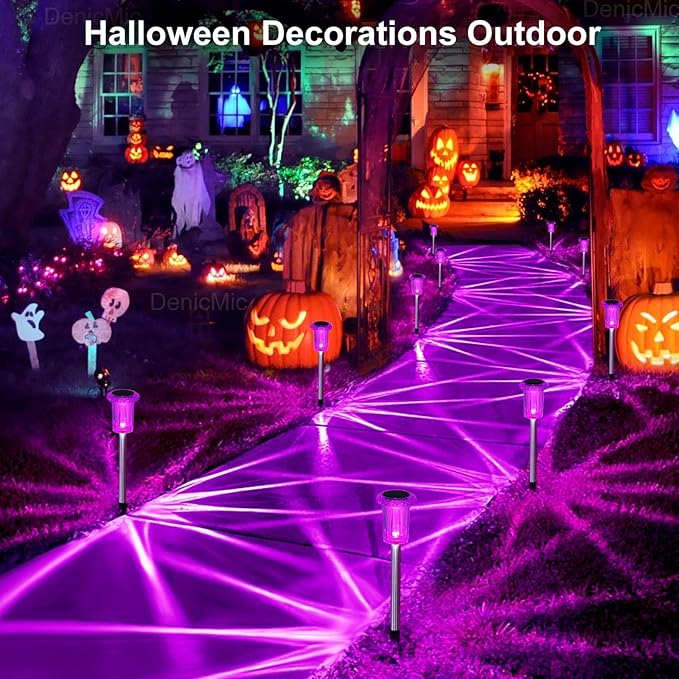 DenicMic Halloween Solar Lights Outdoor 10 Pack Purple LED Waterproof Yard Garden Patio Backyard Pathway Walkway Landscape Path Lawn Outside Halloween Decorations Outdoor