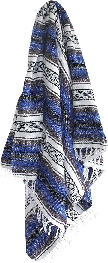 Del Mex Classic Mexican Blanket, Large Authentic Woven Falsa Throw (70"x50"), Artisan Southwest Décor for Beach, Yoga, Outdoors (Blue)