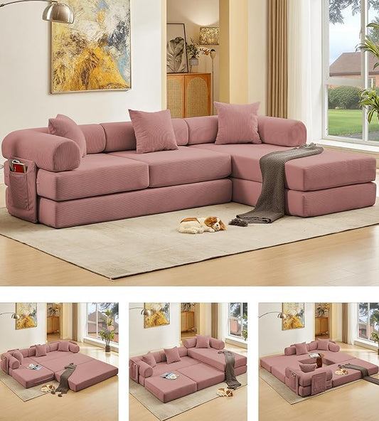 107" Oversized Convertible Sleeper Sofa Bed, Corduroy L Shape Sectional Couch, Folding Sofa Bed with Side Pocket, Modern Cloud Floor Mattress Couch, Modular Sofa for Living Room, Pink