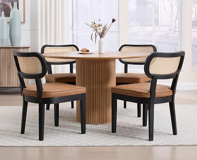 EALSON Mid Century Modern Rattan Dining Chairs Set of 4 Farmhouse Black Wood Kitchen Chairs with Cane Back Leather Upholstered Accent Armless Chairs for Dining/Living Room Restaurant, Brown