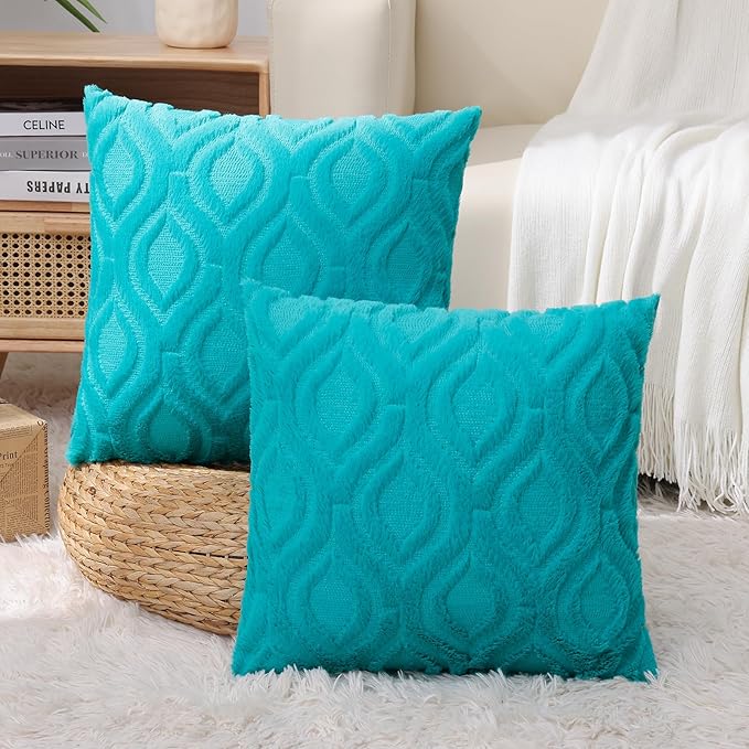 decorUhome Fall Throw Pillow Covers 26x26 Inch Set of 2, Soft Plush Decorative Faux Fur Turquoise Solid Couch Pillow Covers, Accent Farmhouse Neutral Square Euro Pillow Cases for Sofa Bed Living Room