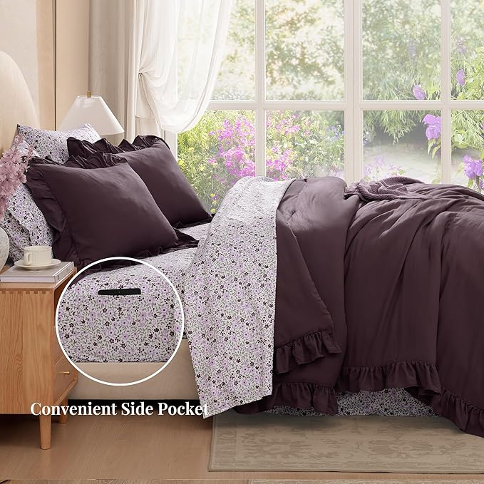 Full Comforter Set - 7 Pieces Ruffle Purple Bedding Sets, Shabby Chic Farmhouse Bed in a Bag Full with Ruffle Comforter, Floral Sheets, Pillowcases & Shams