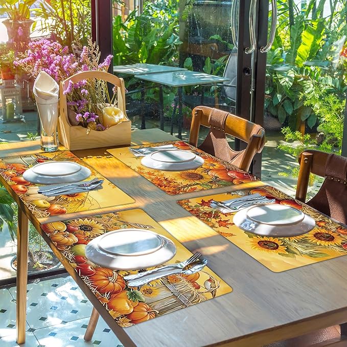 Fall Placemats Set of 6 Thanksgiving Pumpkin Plastic Table Mats Farmhouse Rustic Fall Autumn Place Mats Washable Vinyl Rustic Holiday Table Decoration for Indoor Outdoor Party Kitchen Dining