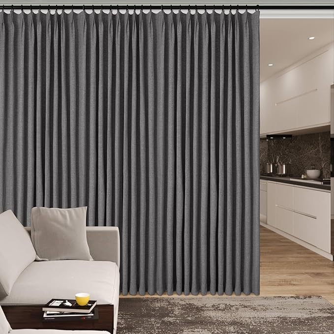 Extra Wide 100% Blackout Linen Textured Curtains - Room Dividers, W150 x L108 (1 Panel), Pinch Pleat Drapes for Living Room, Full Light Block Out Drapery for Sliding Door, Natural Grey