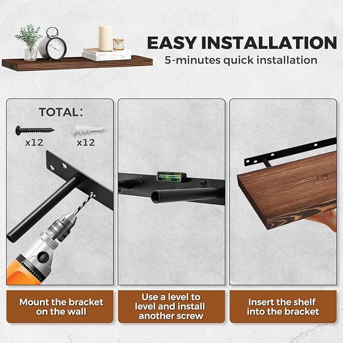 Floating Wall Shelves - 16"x6.8"x1.2" Sturdy Rustic Brown Solid Wood Shelves for Storage and Décor, Easy Installation for Living Room, Bedroom, and Kitchen - 2 Pack