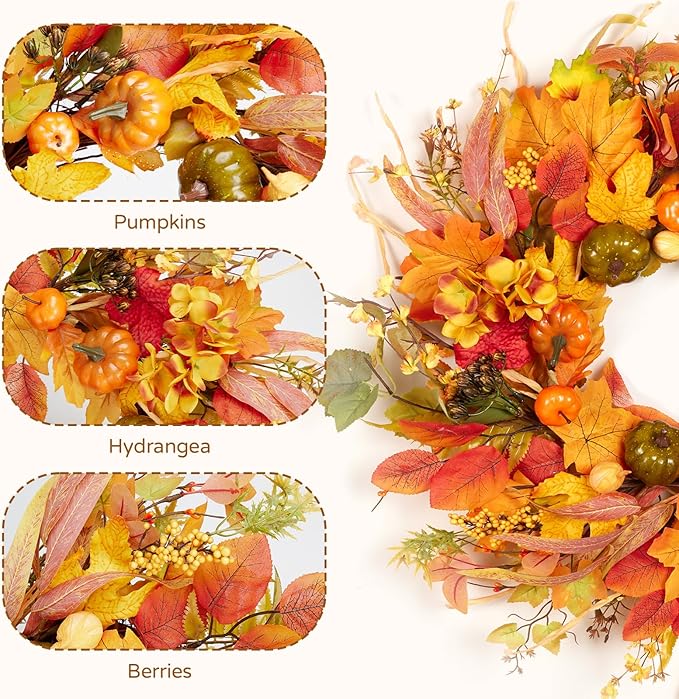 Fall Wreath for Front Door,24" Autumn Front Door Wreath Fall Decorations with Pumpkins Hydrangea Maple Leaves for Porch Window Farmhouse Halloween Thanksgiving Harvest Festival Home Decor